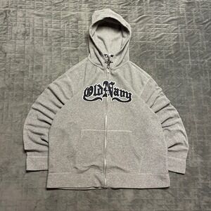 Vintage y2k Old Navy Embroidered Grunge Full Zip Gray Mens XL Hoodie